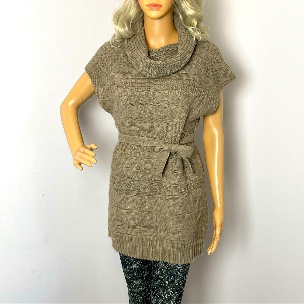 Berretti Sweater Tunic Cowl Neck Sleeveless Tie Waist Tan M